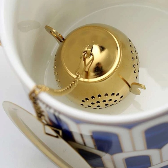 New Gold Stainless Steel Loose Leaf Tea Strainer Filter Chain Saucer Minimalist - Picture 5 of 16